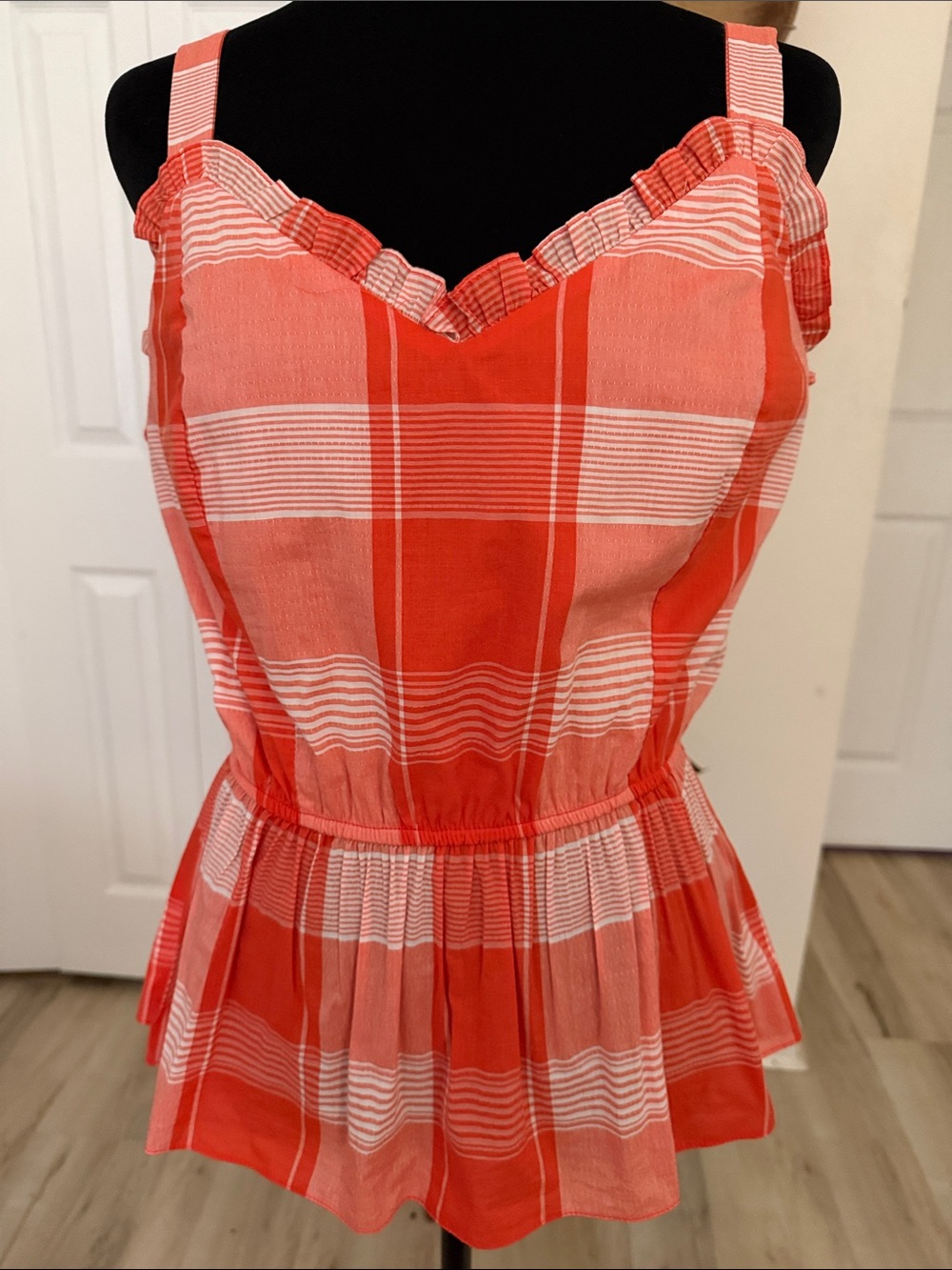Waverly Grey Orange and White Plaid Peplum Camisole